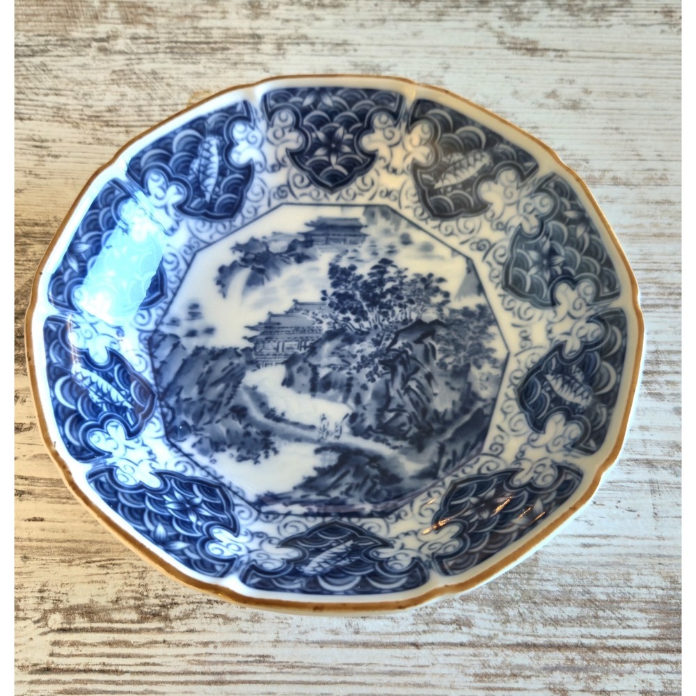 Vintage Satsuma Mokusen Japanese Blue & White Transferware 6.5" Bowl Landscape
